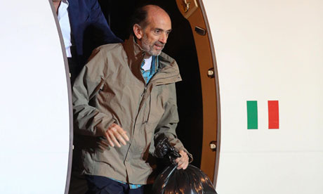 Italian journalist Domenico Quirico arrives in Rome after being held hostage in Syria. Photograph: Alessandro Di Meo/EPA