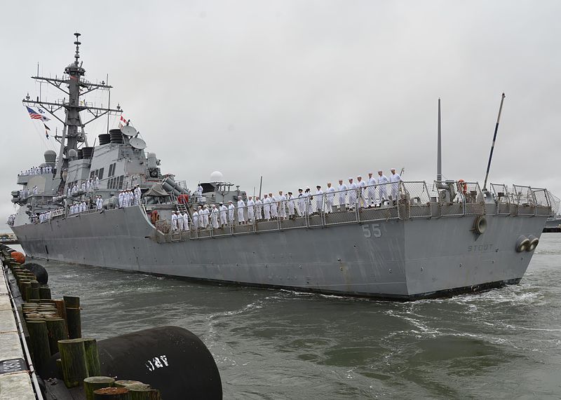 USS Stout leaving Norfolk on August 18. USS Stout was used as part of Operation Odyssey Dawn in the 2011 US-NATO war on Libya.