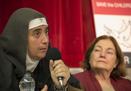 Mother Agnes Mariam of the Cross with Mairead Maguire speaking in London on behalf of “Save the Children of Syria” yesterday